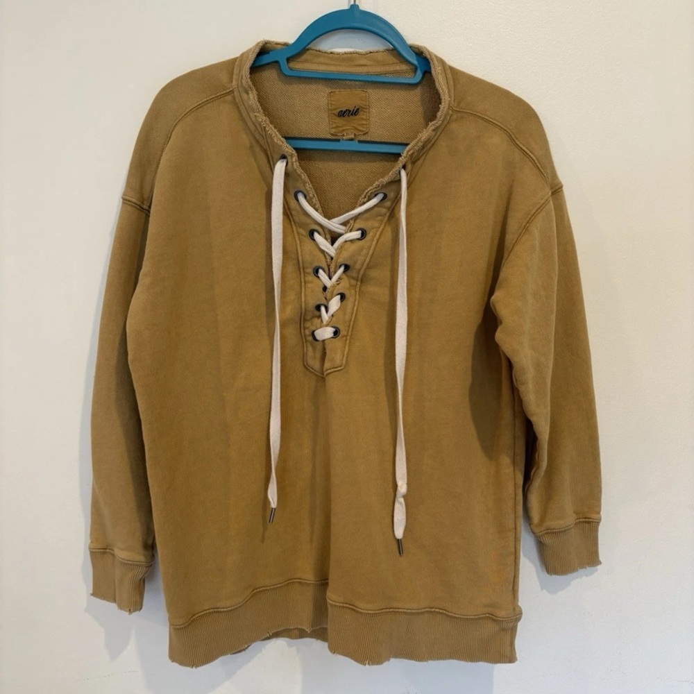 Aerie distressed Women’s pullover sweatshirt with lace ties  XS oversized